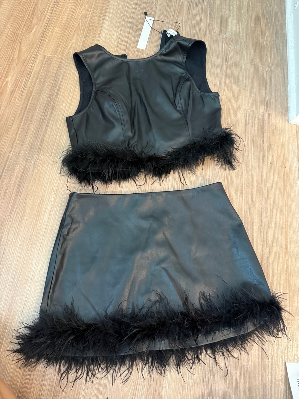 Mustard Seed Black Feather Trim Faux Leather Skirt Set